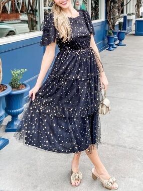 NoliaBae Black Polka Dot Gold Sequin Mesh Tiered Ruffle Festa Dress Sz S